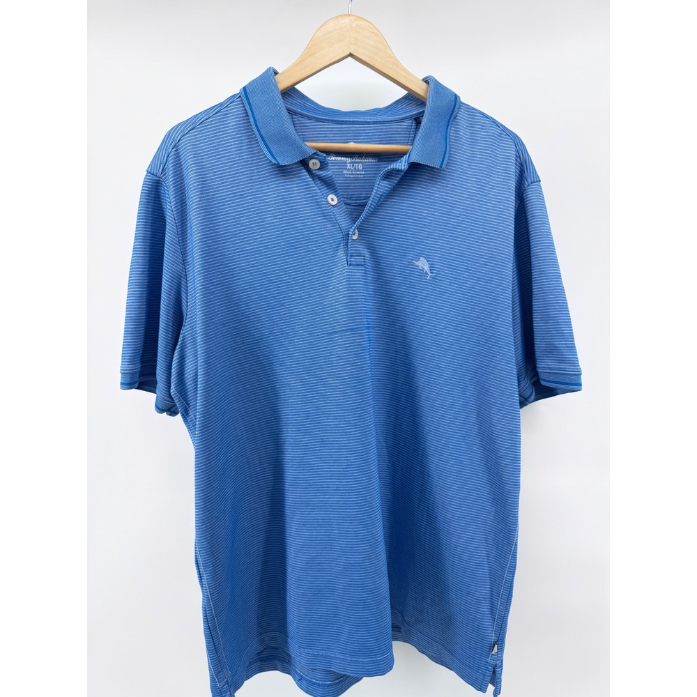 Tommy Bahama Polo Shirt Mens XL Blue Good Striped Short Sleeve Marlin Logo